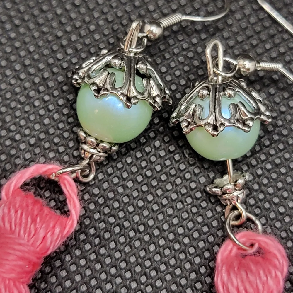 Handmade Tassel Earrings Pink Minty Teal Pearlescent Faux Pearl Bell Boho Hippie